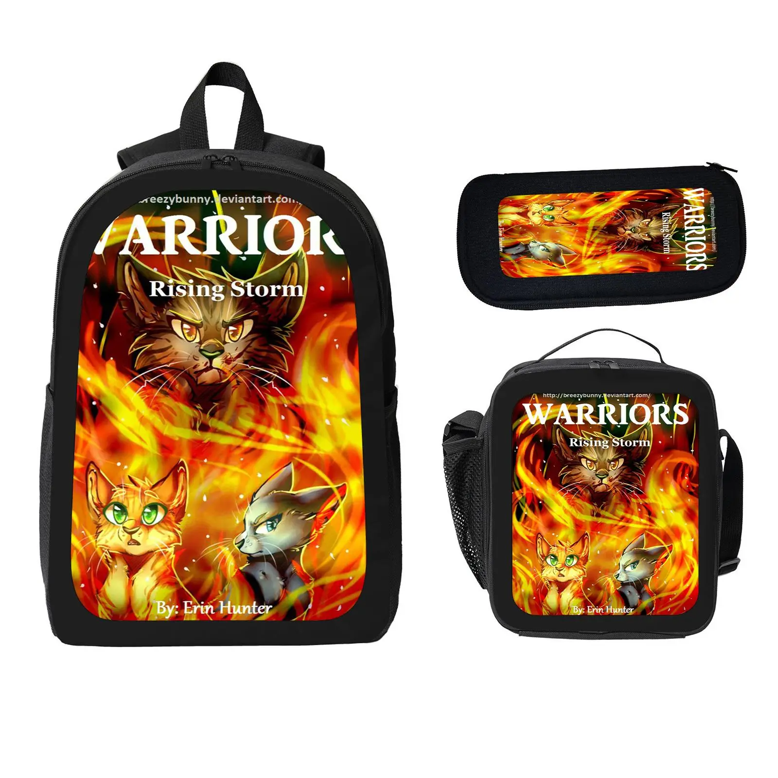 Warrior Cats Unisex 3-Piece School Backpack Set Pack for Kids, Large Capacity Water-Resistant Bookbag with Insulated Lunch Bag & Pencil Case, Travel Daypack for Elementary-Middle School c-97