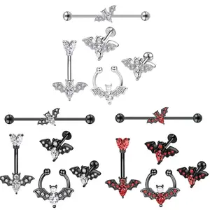 Unisex 5PCS Bat-Themed Body-Safe Non-Tarnish Piercing Jewelry Set - Multi-Use Kit with Industrial Barbell, Belly Button Ring, Lip Stud, Nose Ring, Cartilage Earring for Gothic Halloween Fashion, Body-Safe Piercing Jewelry
