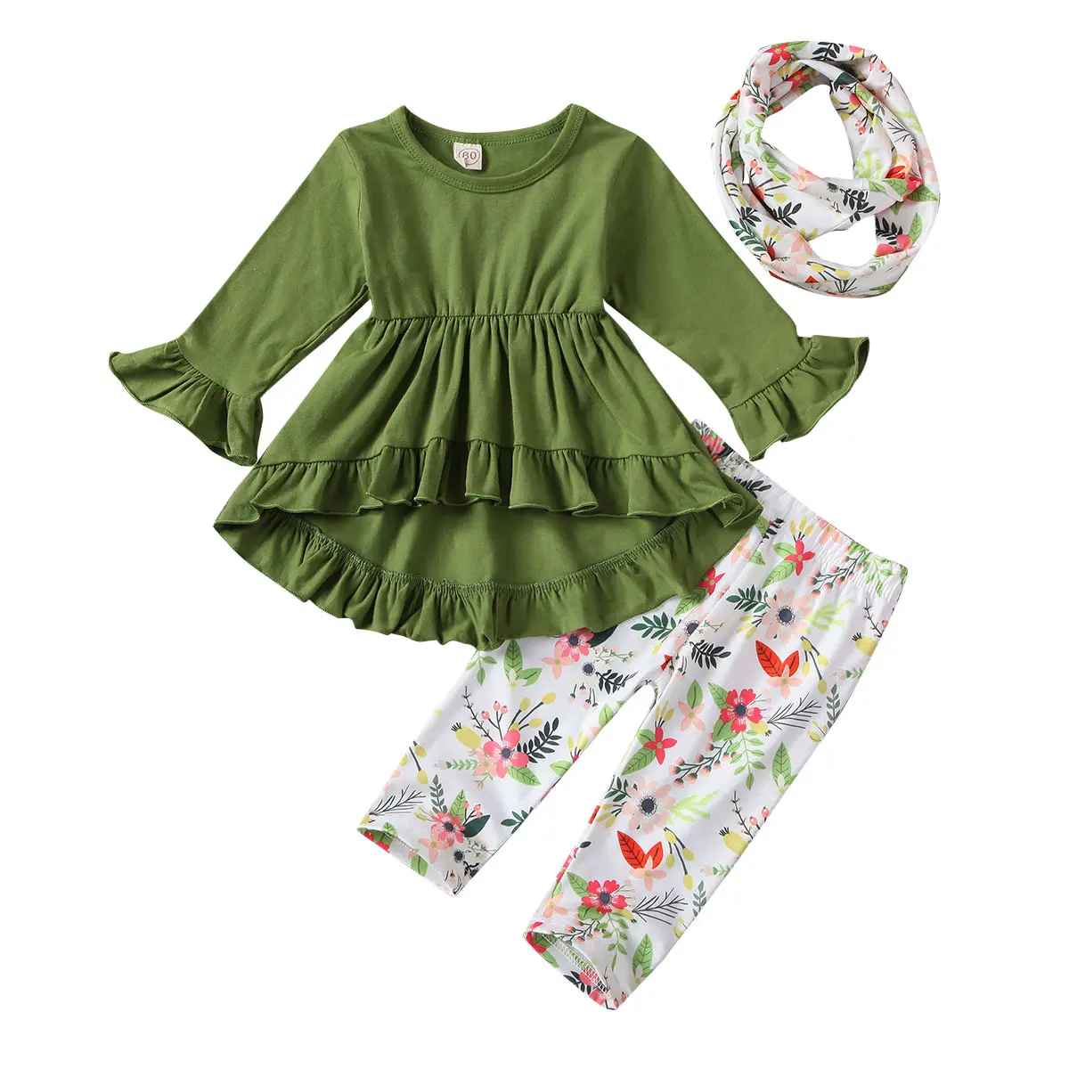 Canrulo 3PCS Toddler Baby Girl Fall Outfit Ruffle Long Sleeve Tunic Top+Floral Legging Pants+Scarf Clothes Set