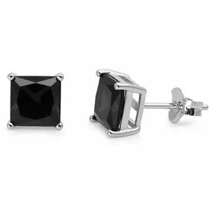 925 Sterling Silver Stud Earrings Black Onyx CZ Princess Cut (5mm)