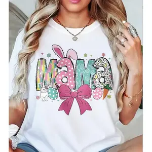 Easter MAMA Graphic Tee, Bunny Ear & Patchwork Letter Shirt