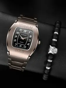 Men's Fashion Business Casual Quartz Movement Watch Set + Leopard Bracelet, Modern Fashion Accessories, Perfect Gift for Daily Holidays Thanksgiving Christmas Birthdays