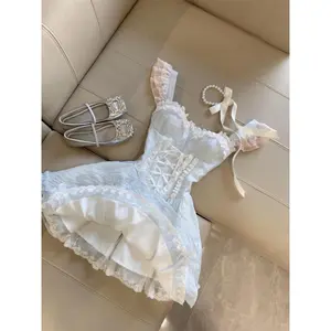 Summer Sweet Fairy Slim Blue Dress Fashion Design Lace Sling Thin Dresses Girl Elegant Chic Square Neck A-line New Outfits 2025