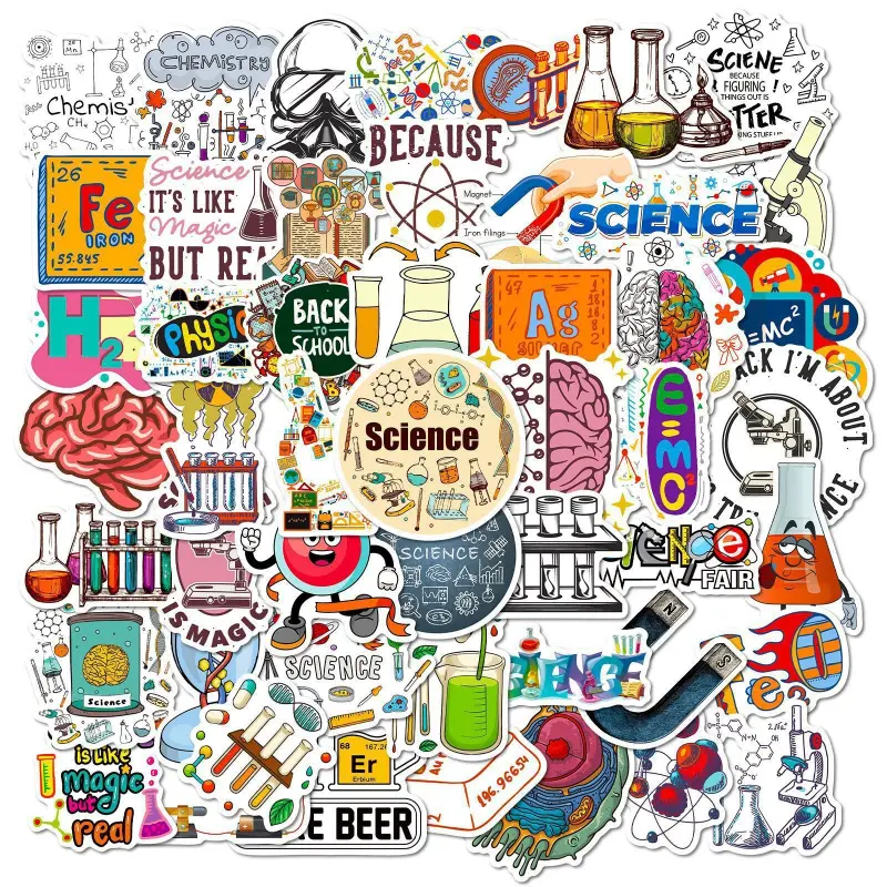50 sheets of personalized science cartoon stickers for chemical equipment and laboratory use, suitable for computers