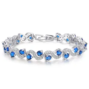 Korean Style AAA Swiss Grade CZ Sapphire Bracelet, Luxury White Gold Plated Sparkling Crystal Bangle, Fashion Jewelry for Women