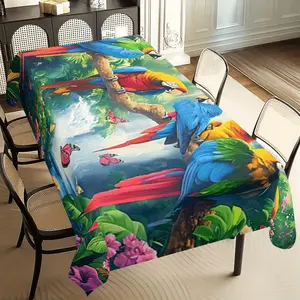 Vibrant Jungle Tablecloth with Macaws, Butterflies & Flowers - Durable Polyester Rectangular Indoor/Outdoor Table Cover for Kitchen, Dining, Patio - Easy Maintenance Tropical Decor