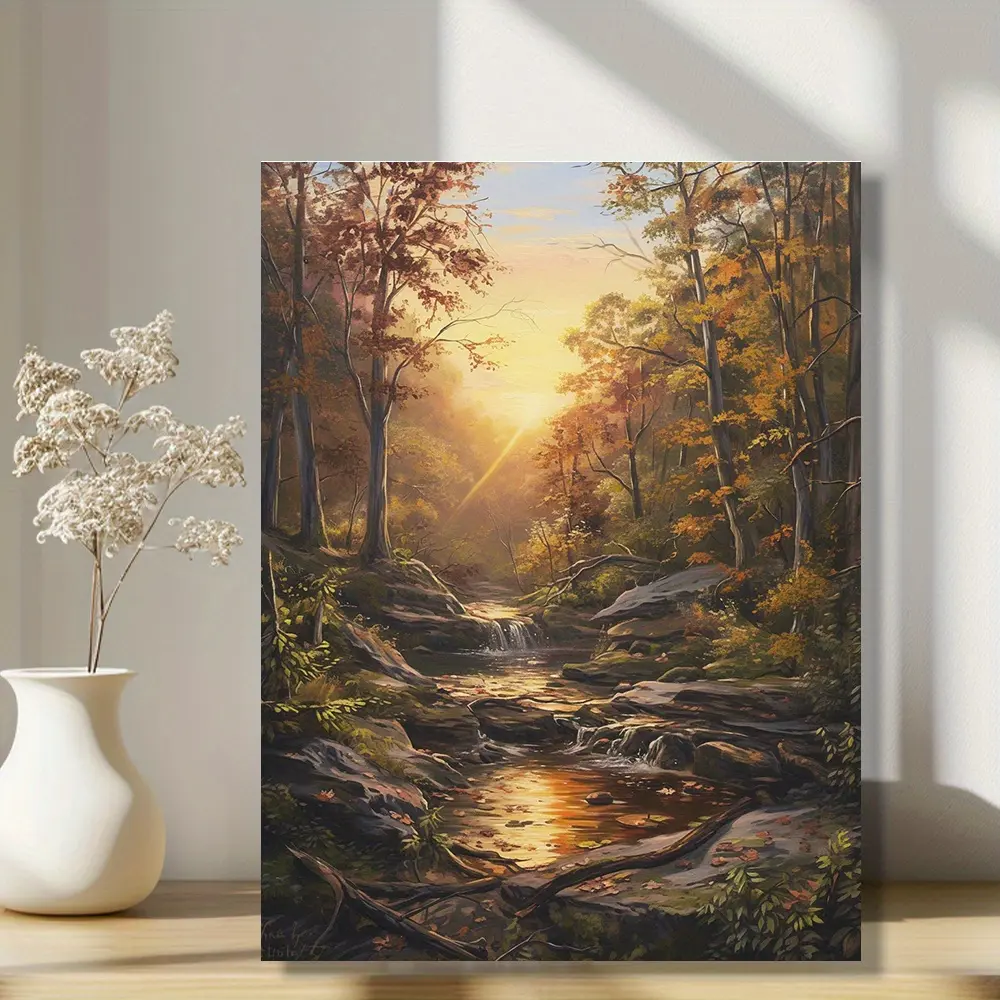 Autumn Forest Stream Canvas Print Wall Art - Scenic Nature Landscape with Sunlight, Rocks & Waterfall, Unframed Home Decor for Living Room, Bedroom, Hallway,  Canvas Artwork Poster Ornaments Artistic Decoration Photo