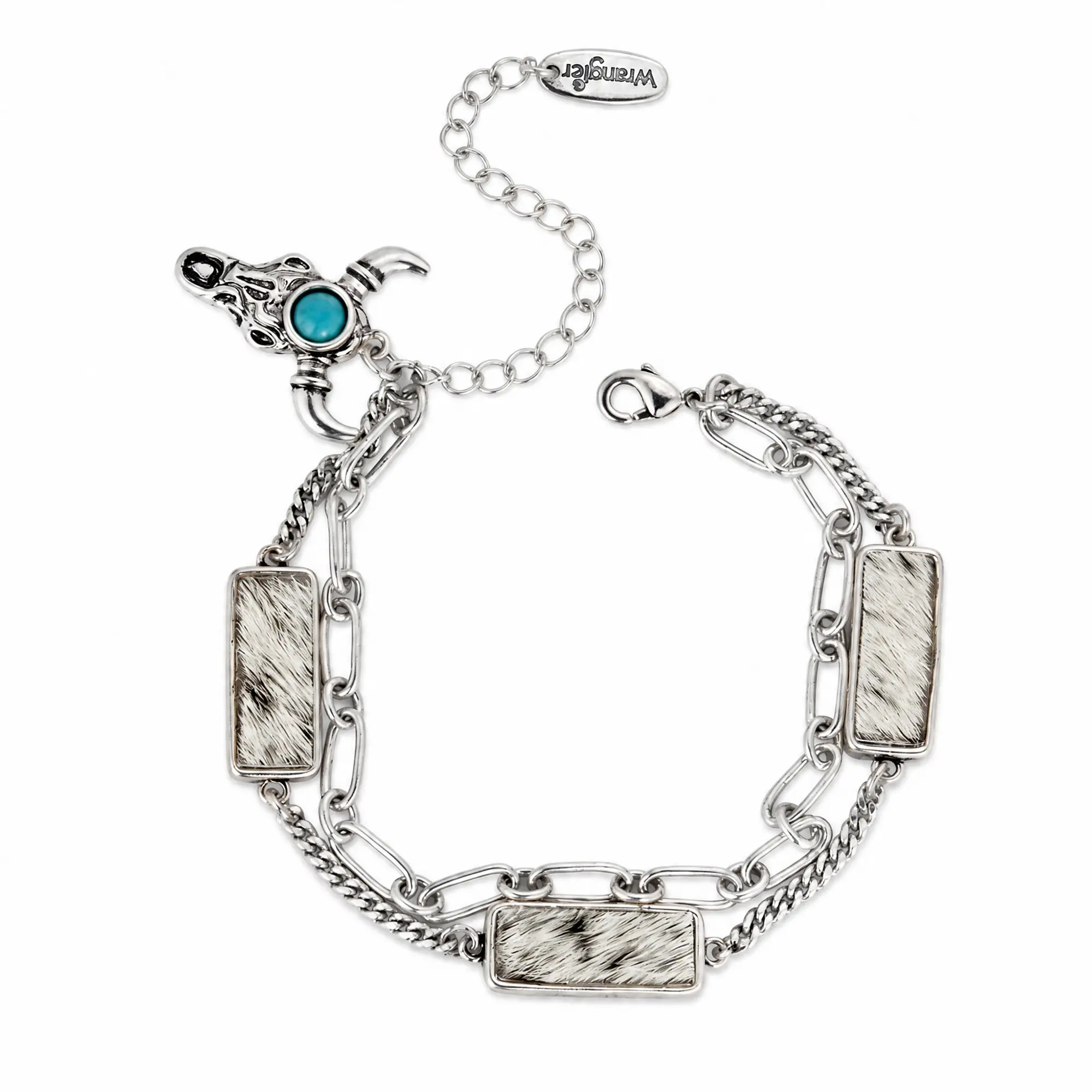 Wrangler 14K Gold/Silver Plated Western Cowhide Layered Bracelet for Women, Longhorn Double Chain Bracelet with Turquoise Accent, Southwestern Cowgirl Statement Jewelry
