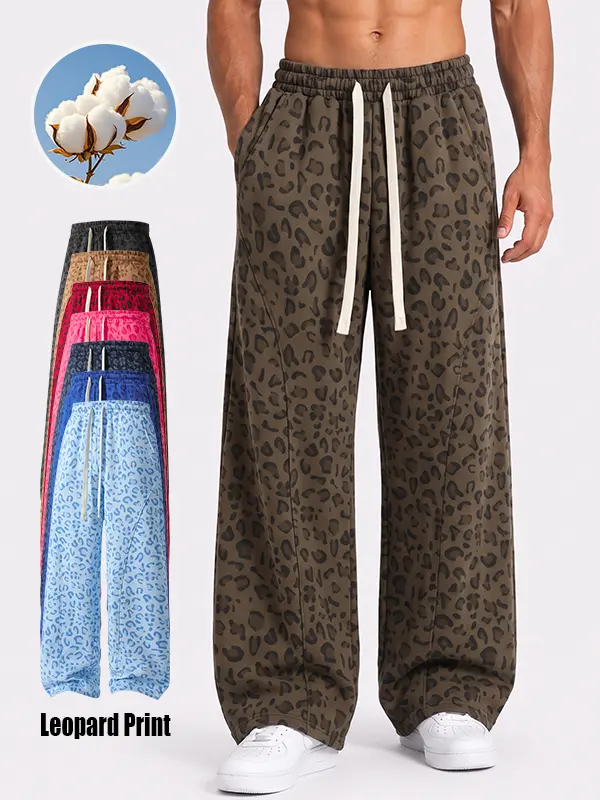 Men’s soft cotton leopard print wide-leg sweatpants with elastic drawstring waist, loose casual long pants with side pockets, available in multiple colors