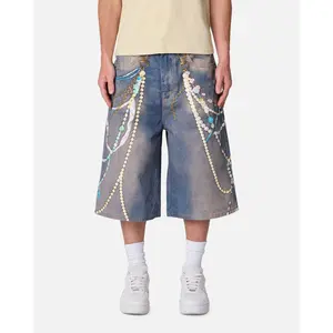 MNML Ultra Baggy Chain Printed Denim Shorts Light Blue