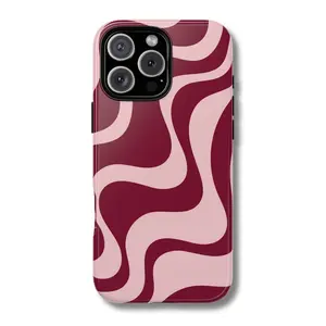 Abstract Wavy Phone Case Pink Burgundy Retro Swirl Design Cute Artsy Aesthetic Tough Case for iPhone Samsung Google Pixel Polycarbonate TPU Impact Resistant