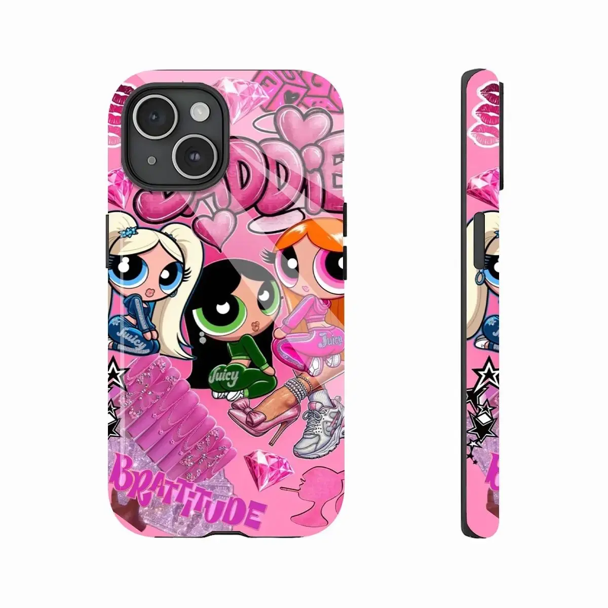 Powerpuff Girls Pink Cartoon Diamond Trendy Mobile iPhone Case for iPhone 17, PBT+TPU Dual - Layer Drop - Resistant Cellphone Case, Compatible with iPhone 17/16/15/14/13/12/11 Pro Max/Plus
