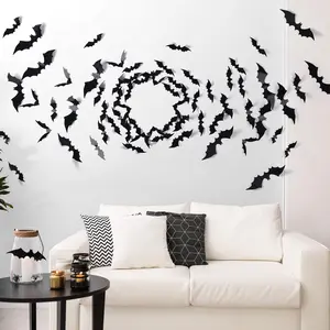 60PCS Halloween Bats Decoration, 4 Different Sizes Realistic PVC Black 3D Scary Bat Sticker for Home Decor DIY Wall Decal Bathroom Indoor Hallowmas Party Supplies Removable Set