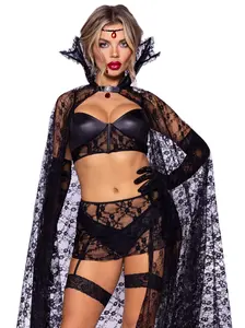 Women's Victorian Vampire Costume, Flattering 5-Piece Lace Villain-Themed Set with Boned Bra, V-Cut Panty, Garter Skirt & Cape
