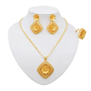 24K Gold Plated Filigree Tassel Jewelry Set 4-Piece Bridal Wedding Statement Necklace Drop Earrings & Ring