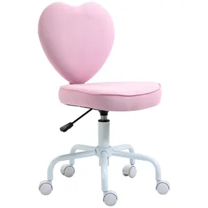 HOMCOM Armless Home Office Desk Chair, Modern Fabric Makeup Vanity Chair with Heart Shape, Swivel Wheels, Height Adjustable, Pink
