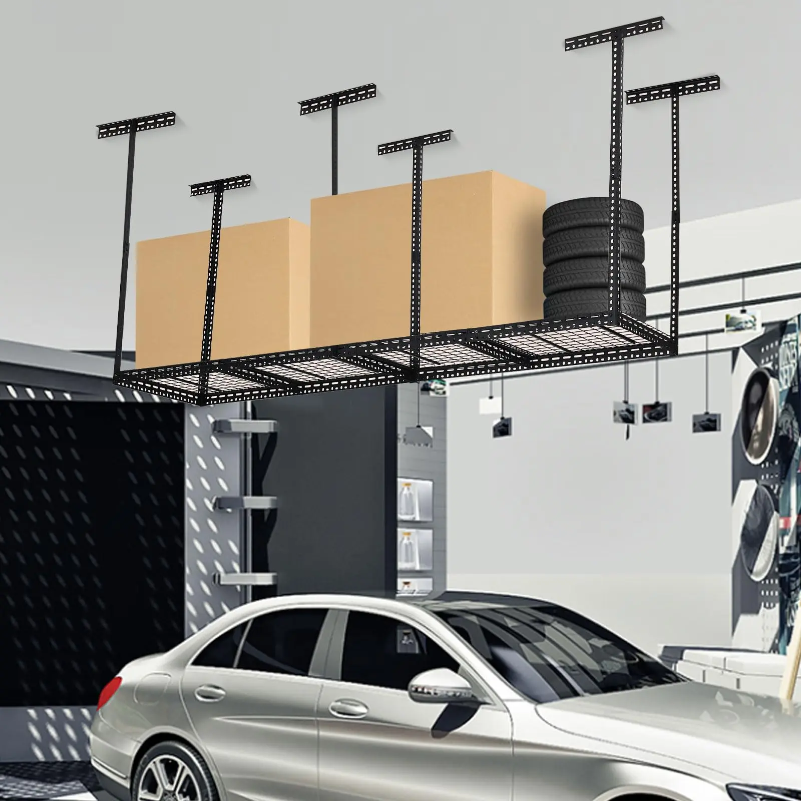 【GARVEE】Heavy-Duty Steel Ceiling Garage Storage Rack, 1-Layer, Adjustable 22-40 in Height, 660 lbs Capacity, Black Finish, Multiple Vertical Post Options, Grid Support, 52.91 lbs, Easy Mount Room Organizer (2x8, 4x8, 4x6 FT; 96"x24"x40" Max Size)