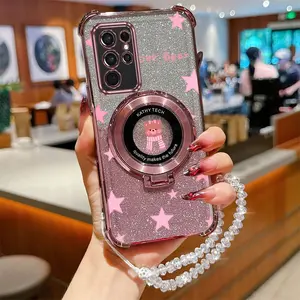 S21Ultra Shockproof Transparent Glitter Shiny Advanced Crystal Strap Lanyard Phone Holder Protective Case Accessories For Compatible With Samsung Galaxy S21 Ultra Cute Scarf Bear Stand Cover