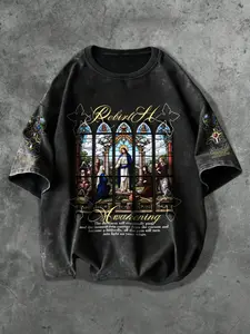 Men's Short Sleeve T-Shirt, Religious Style Graphic Print, American Vintage Washed Cotton Fabric, Street Casual Sport Campus Hip Hop