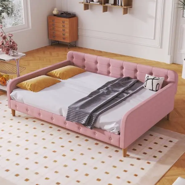 Bellemave Linen Fabric Upholstered Daybed with 4 Solid Pine Wood Support Legs, Button Tufting, Easy-to-Assemble Design, Modern Updates & Custom Mattress Compatibility (Multiple Colors Available)