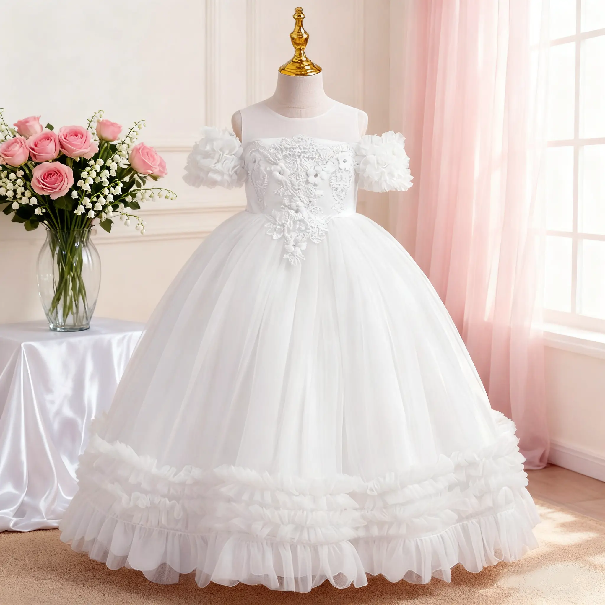 179 Girls Off Shoulder Sequined Light Luxury Mesh Tulle Birthday Performance Banquet Piano Emcee Fashion Show Princess Dress