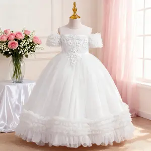 179 Girls Off Shoulder Sequined Light Luxury Mesh Tulle Birthday Performance Banquet Piano Emcee Fashion Show Princess Dress