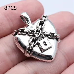 Set of 8 Vintage Gothic Heart Charms with Chain Links, Ideal for DIY Jewelry Making, Craft Accessories, Size 26x33mm