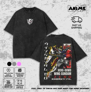 Mobile Suit Gundam Wing Zero Washed Tee, XXXG-00W0 Mecha Vintage Anime Graphic T-Shirt, Unisex Acid Wash Streetwear, Retro Robot Cotton Top.