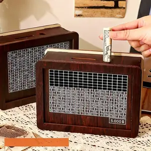 [Wooden Cash Vault Savings] Cash Vault Wooden Savings Box, USD & Euro Cash Vault with Savings Tracker, Wooden Cash Saver Money Box, Wooden Piggy Bank Coin Bank with Counting Target, Wooden Coin Bank for Boys and Girls, Cash Coin Jar