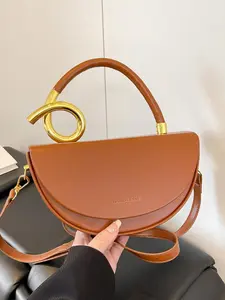 Artistic semi-circular metal buckle handbag, Crescent shoulder bag, retro brown exquisite niche shoulder messenger bag, versatile trendy street item, suitable for daily shopping, dating, Pu Leather Handbag