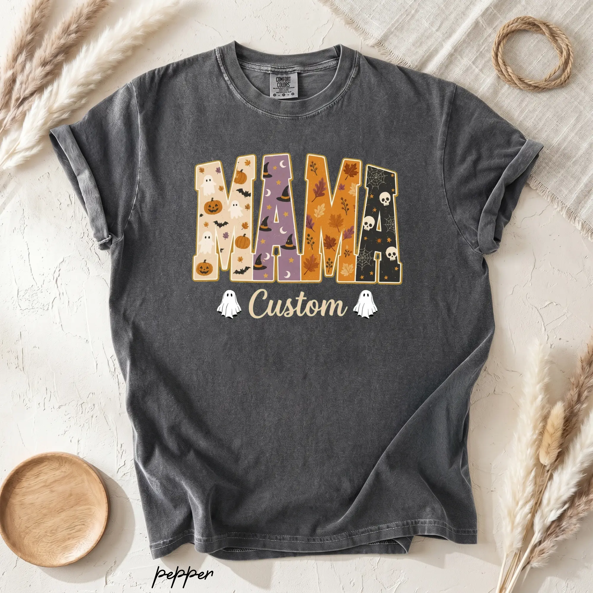 Comfort Colors Custom Mama Halloween T-Shirt, Personalized Mother Tee with Kid Names, Spooky Trick or Treat Fall Gift