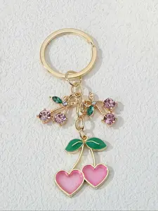 Cute Cherry & Heart Design Keychain, Cute Charms Keychain, Fashionable Metal Keychain for Women & Girls, Trendy All-match & Exquisite Keychain for Birthday Gift