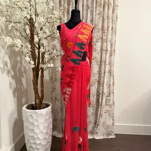 Pink Dhaka Print Georgette Saree with Blouse - Traditional Design with Floral Motifs