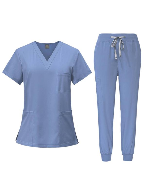 Women's Handwashing Suit Set, Uniforms, V Neck Quick-Dry Breathable Top, Slight Stretch Straight Leg Pants, Multi-Pocket Design, Hospital Clinic Home Wear