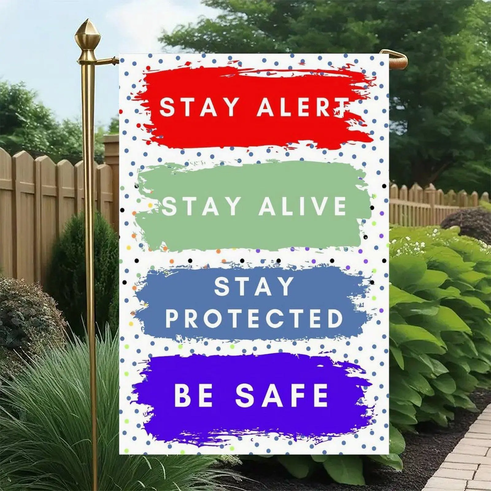 Stay Alert Stay Alive Stay Protected Be Safe Colorful Brush Stroke Polka Dot Background Safety Reminder Motivational Garden Flag Double-Sided 12x18in, Safety Warning Front Yard Decor Banner