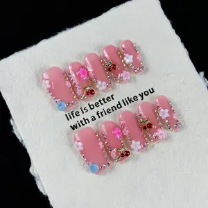 10pcs Sweet girl style, hand-painted three-dimensional patterns, fine glittering diamonds, Bling rhinestone decoration, handmade fake nails, Suitable for spring outings and vacations, enjoying flowers