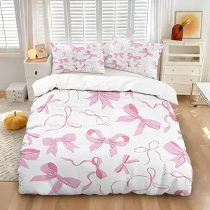 Aesthetic Pink Bow Decorative Duvet Cover Set,Includes 1Duvet Cover and 1-2 Unfilled Pillowcases,Sweet Girly Bow Print Bedding Set,Perfect for Teen Girls Bedroom & Dorm Decor,Ideal Gift for Fans of Feminine & Cute Home Styles