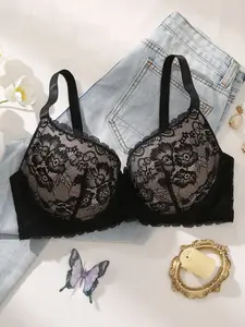 Plus Size Women's Floral Lace Underwire Bra,Elegant Push-Up Natural Lift Anti‑sagging Comfortable Breathable,Medium Support Adjustable Wide Straps,everyday wear