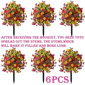 6 Pcs Spring Summer Artificial Garden Stakes, Realistic Flower Pieces, UV Protection, Durable Fake Flowers, Plastic, Low Maintenance Outdoor Decor