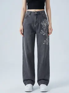 Women's High-Waisted Baggy Jeans: Black Vintage-Wash Denim Trousers with Gothic Graphic Print  Wide-Leg  Non-Sheer Streetwear Jeans for the Y2K Look  Everyday Casual Outfits