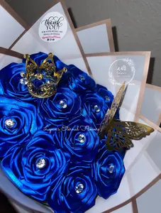Lynn's Eternal Rose Bouquet - 12 Handmade Satin Roses with Butterfly & Gold Crown - Diamond Pins for Any Occasion