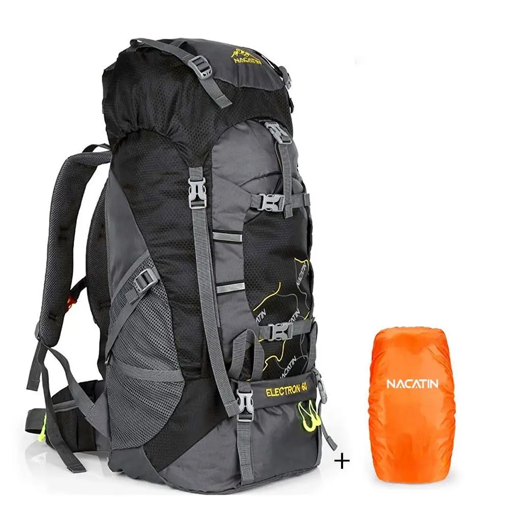 NACATIN Hiking Backpack with Bag Cover 60L Foldable and Lightweight for Men Women, Water-Resistant, Black