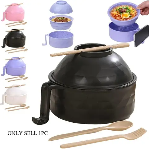 Microwave Safe Sturdy Ramen Bowl, Ramen Cooker Ramen Bowl Set with Chopsticks, Lids, Handles, Portable Noodle Bowl Set, Instant Noodle Cooker for Home, Office, Dorm, Dishwasher Safe, Tableware, Ramen Bowl Microwavable