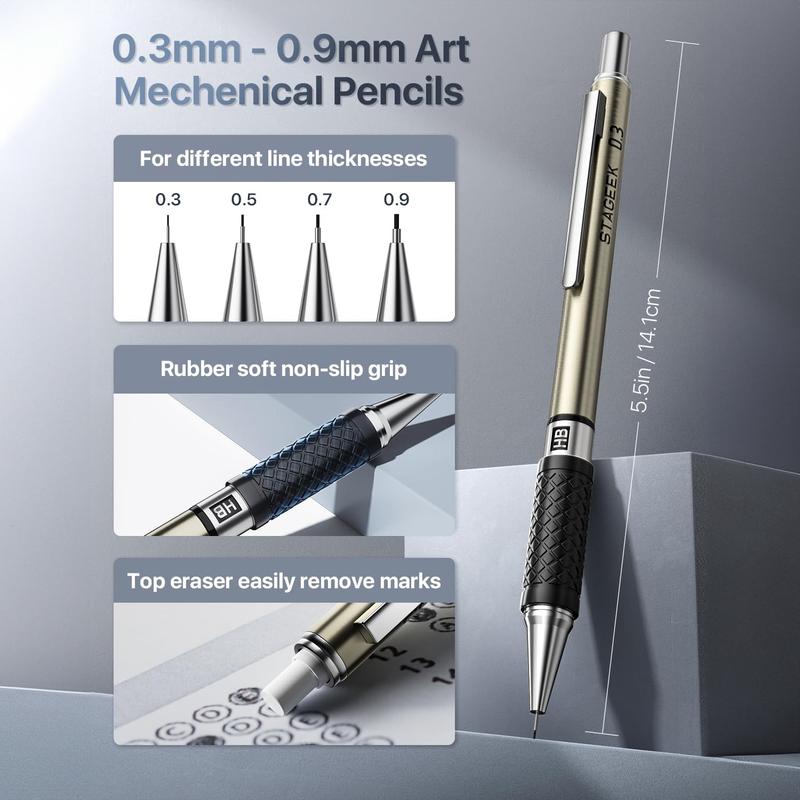 STAGEEK 37PCS Art Mechanical Pencil Set, Drafting Pencil 5 Sizes- 0.3, 0.5, 0.7, 0.9MM & 2PCS 2.0MM Mechanical Drawing Pencils with 492PCS Leads (6B 4B 2B HB 2H 4H Color) for Artist Sketching Drawing&Ballpoint Pen for Student Stationary College Essentials
