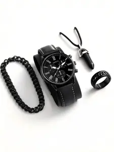 Men's Cool Wristwatch & Bracelet Necklace Ring Set, Fashionable Trendy Accessories, Quartz Watch Set With Quartz Movement For Daily Wear, Party Gifts, Valentine's Day, Wrist Watch For Halloween