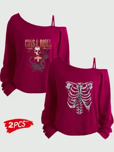 Women's Plus Size 2-Piece Set, Printed Long Sleeve & Short Tank Top, Asymmetrical Neckline, Loose Fit, All Seasons, Sizes 1-8xl