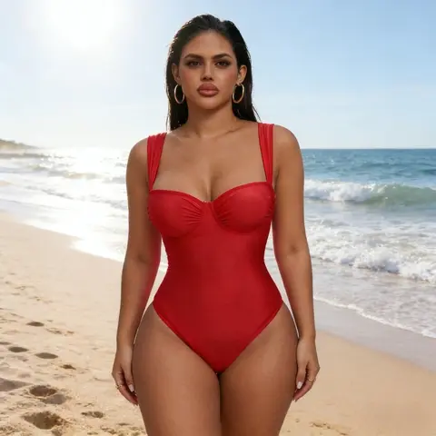 Women's Plus Size Shiny Synthetic Stretchable 1-Piece Swim Shapewear - Sleeveless Ruched Wrap Bodysuit with Tummy Control, Flattering Supportive Fit for Spring Summer Beach Holiday, Outdoors Swimwear