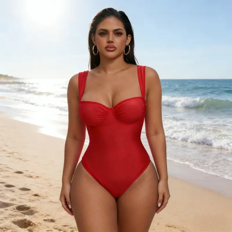 Women's Plus Size Shiny Synthetic Stretchable 1-Piece Swim Shapewear - Sleeveless Ruched Wrap Bodysuit with Tummy Control, Flattering Supportive Fit for Spring Summer Beach Holiday, Outdoors Swimwear