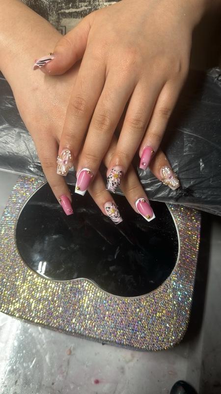 Zebra Pink French Tip Press  on Nails - Elegant Design with Glitter Accents