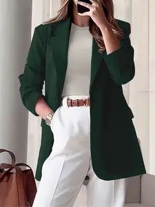 A dark green women's blazer, belonging to a minimalist commuter style, with a sleek and elegant look, perfect for work commuting and everyday outings, Blazer Jackets, Formal Workwear
